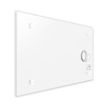 Parte posterior de un panel infrarrojo de vidrio satinado blanco de ECAROS, con puntos de montaje y conexiones para una fácil instalación.