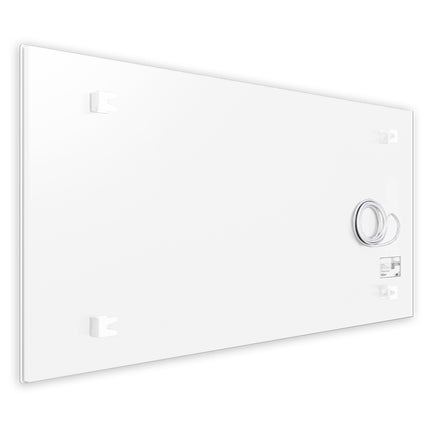 Parte posterior del panel infrarrojo Ecaros de 1000 vatios en vidrio blanco satinado, que muestra una construcción robusta y puntos de montaje convenientes.