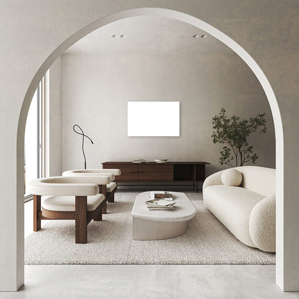 Interior moderno con panel de infrarrojos ECAROS de 600 vatios en blanco satinado en la pared, solución de calefacción elegante y eficiente.