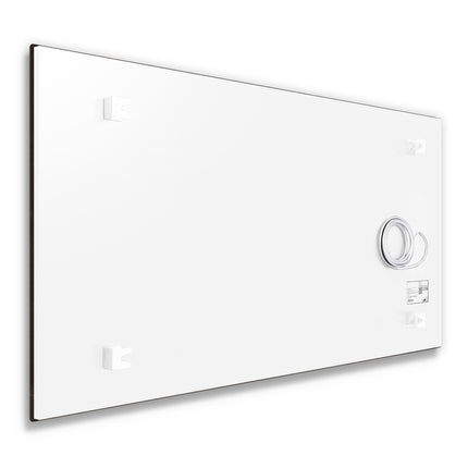 Parte trasera de un panel infrarrojo de cristal satinado negro de 1000 vatios de la marca ECAROS, con puntos de montaje y conexiones para una fácil instalación.