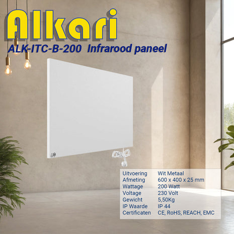 Alkari 200 Watt wit metalen paneel met ingebouwde thermostaat