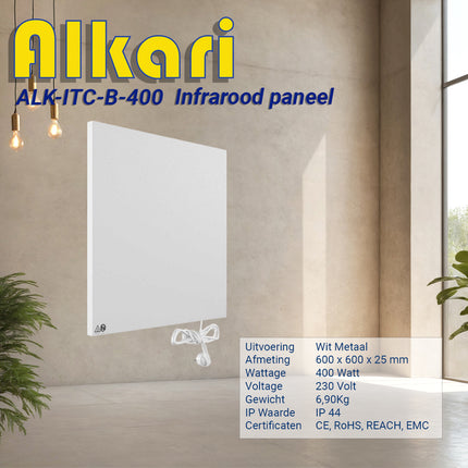Alkari 400 Watt wit metalen paneel met ingebouwde thermostaat