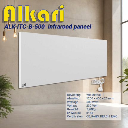 Alkari 500 Watt wit metalen paneel met ingebouwde thermostaat