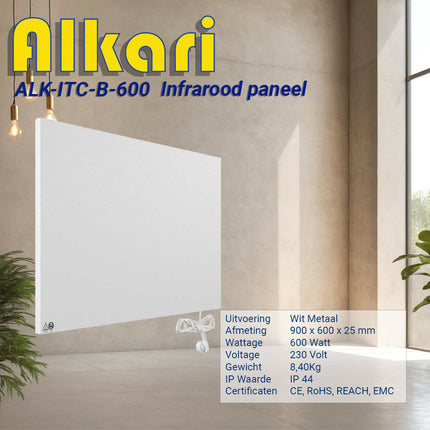 Alkari 600 Watt wit metalen paneel met ingebouwde thermostaat
