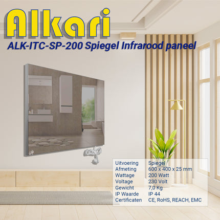 Alkari 200-Watt-Infrarot-Spiegelheizung mit integriertem Thermostat