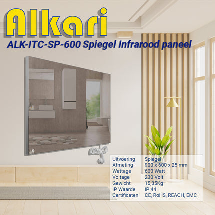 Alkari 600-Watt-Infrarot-Spiegelheizung mit integriertem Thermostat