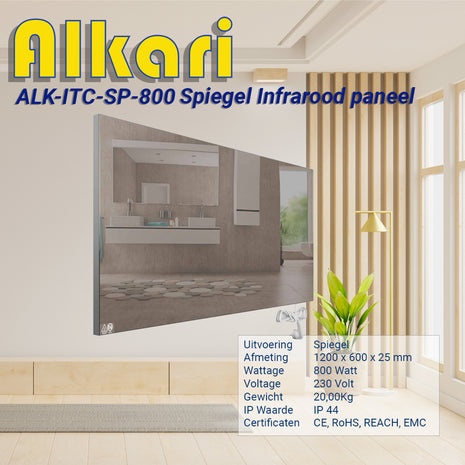 Alkari 800 Watt spiegel infraroodverwarming met ingebouwde thermostaat