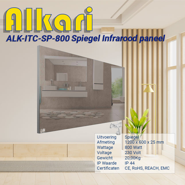 Alkari 800 Watt spiegel infraroodverwarming met ingebouwde thermostaat