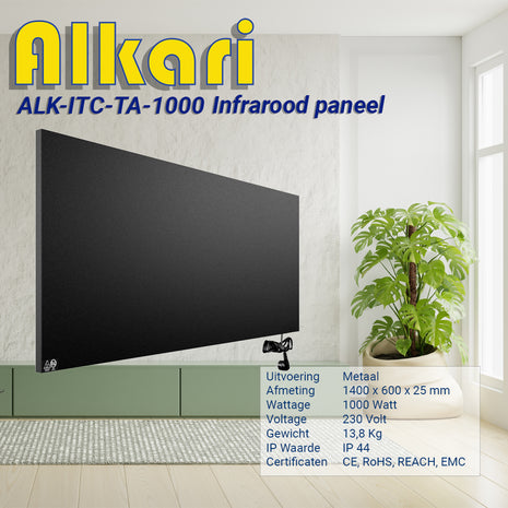 Alkari 1000 Watt zwart metalen paneel met ingebouwde thermostaat