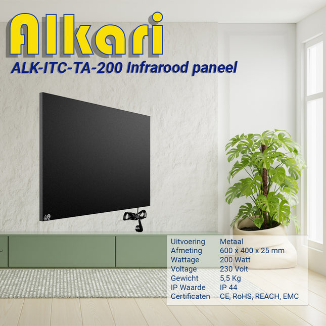 Alkari 200 Watt zwart metalen paneel met ingebouwde thermostaat