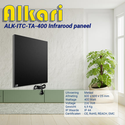Alkari 400 Watt zwart metalen paneel met ingebouwde thermostaat