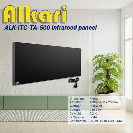 Alkari 500 Watt zwart metalen paneel met ingebouwde thermostaat
