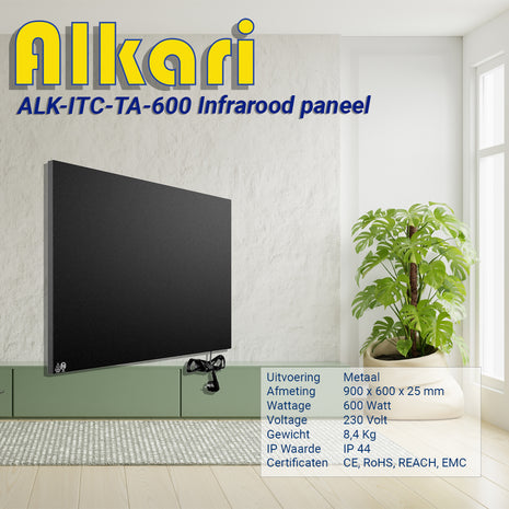 Alkari 600 Watt zwart metalen paneel met ingebouwde thermostaat