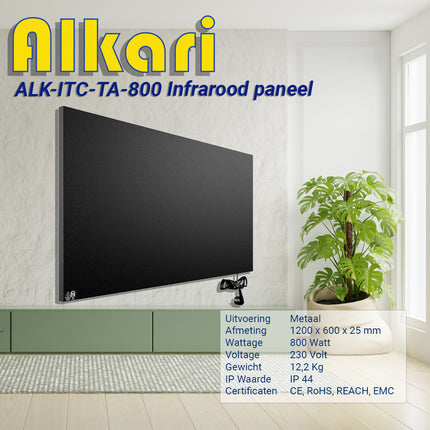 Alkari 800 Watt zwart metalen paneel met ingebouwde thermostaat