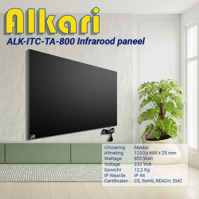 Alkari 800 Watt zwart metalen paneel met ingebouwde thermostaat