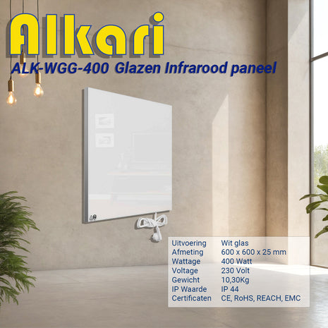 Alkari 400 Watt wit glazen infrarood paneel
