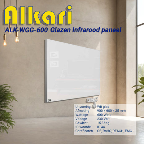 Alkari 600 Watt wit glazen infrarood paneel
