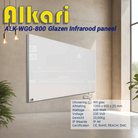 Alkari 800 Watt wit glazen infrarood paneel